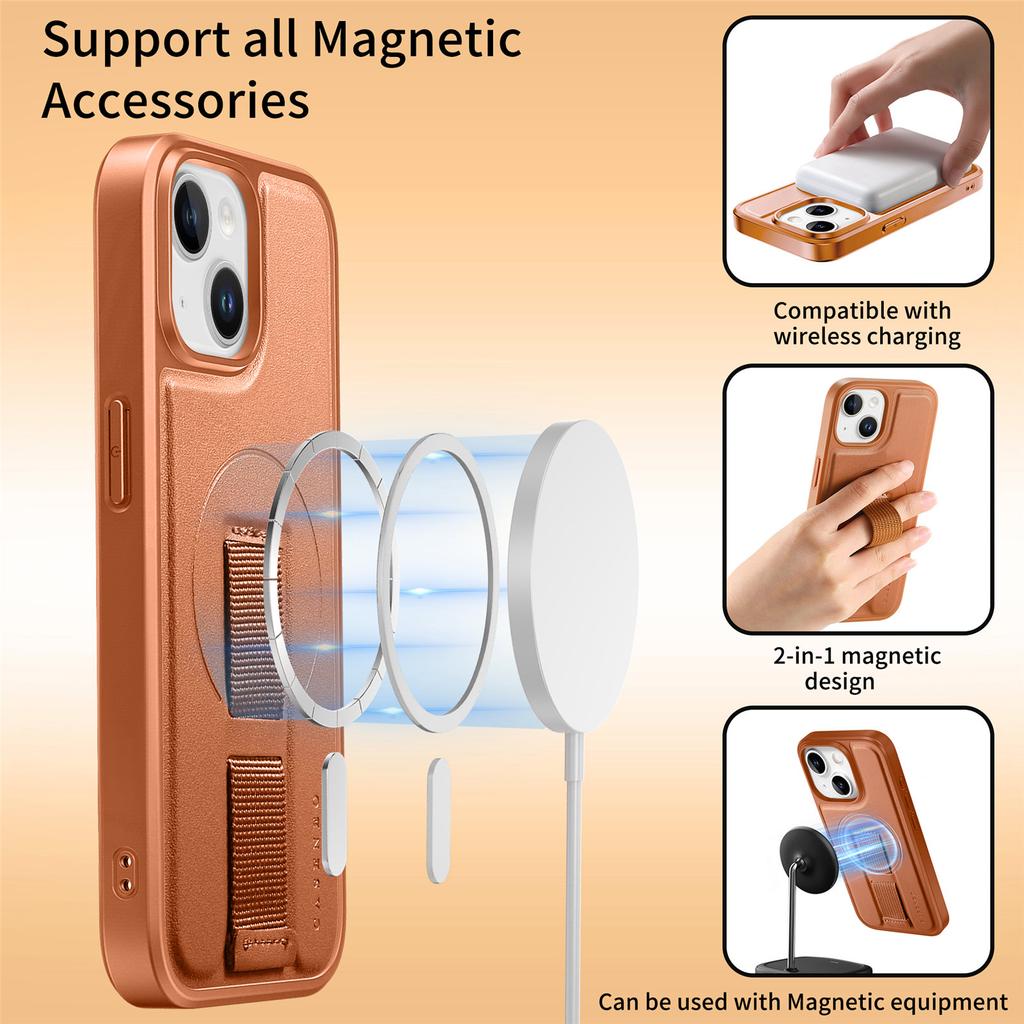 For iPhone 15 Plus/iPhone 14 Plus Magnetic Case CASENEO Wristband PU Leather+PC Shockproof Phone Cover