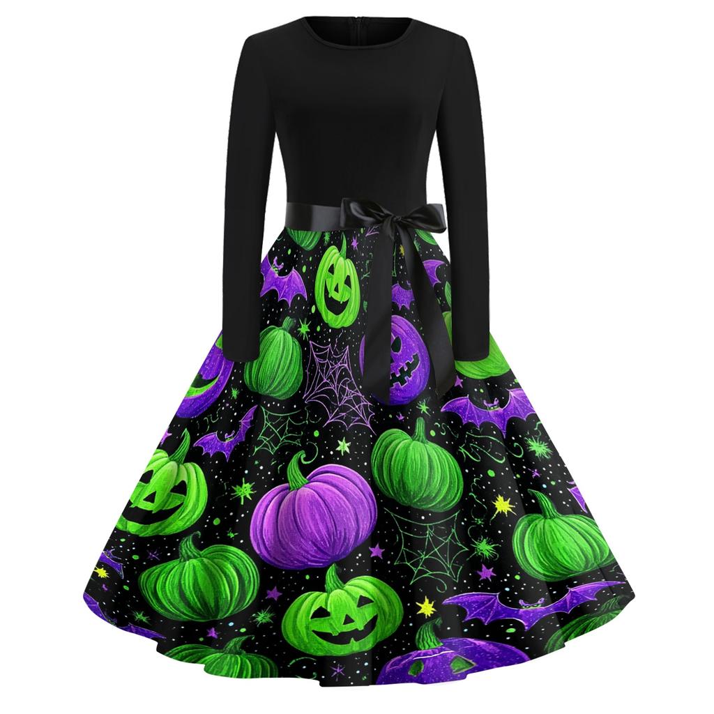Women's Casual Vintage Halloween Print Dress Long Sleeve Round Neck Retro Style Midi Dress with Waist Tie for Everyday Wear
