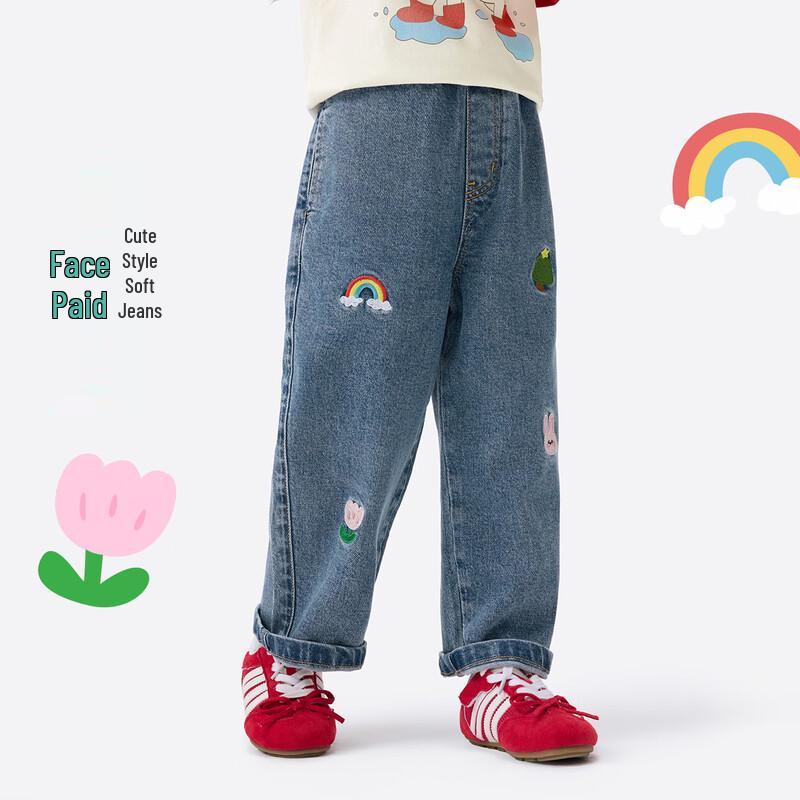 Xiaoyinman Girls Cartoon Embroidered Soft Denim Jeans 140