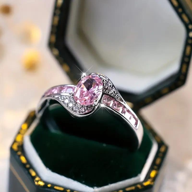 Vintage Female Oval Cut Pink Stone CZ Ring Silvery Color Engagement Ring Bride Wedding Rings for Women