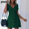 JPNTKY Moda Verano Primavera Color Sólido Estampado Manga Corta Cuello en V Vestidos Casuales