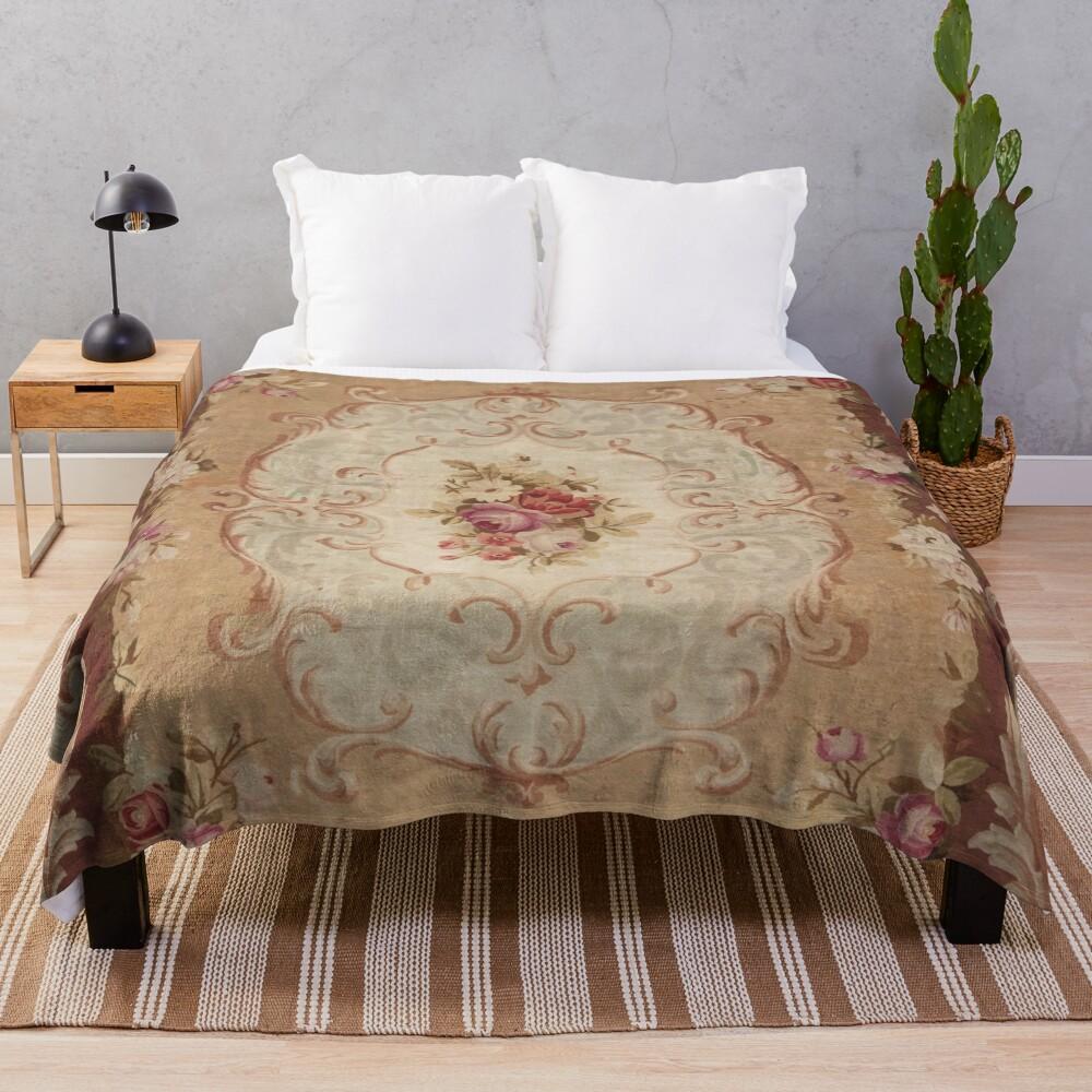 Antique Rose Floral French Aubusson Rug Print Throw Blanket