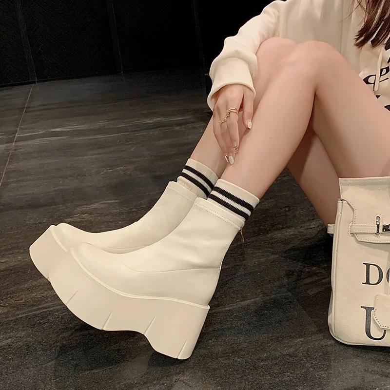 Women Ankle Boots High Heels Platform Autumn Wedges Goth Shoes Fashion Punk Zipper Women Leather Chunky Pumps Botas Mujer