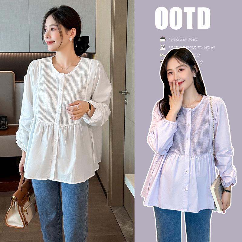 2026 Spring Maternity Slimming Top - Sweet Solid Color Doll Shirt M