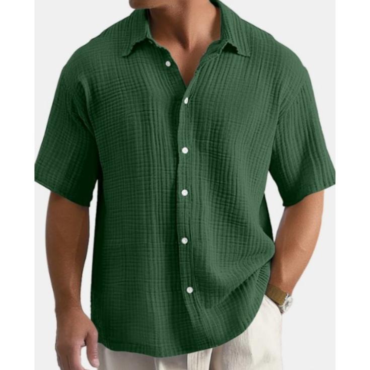 Sommar Lös Ledig Enfärgad Herrskjorta med Korta Ärmar