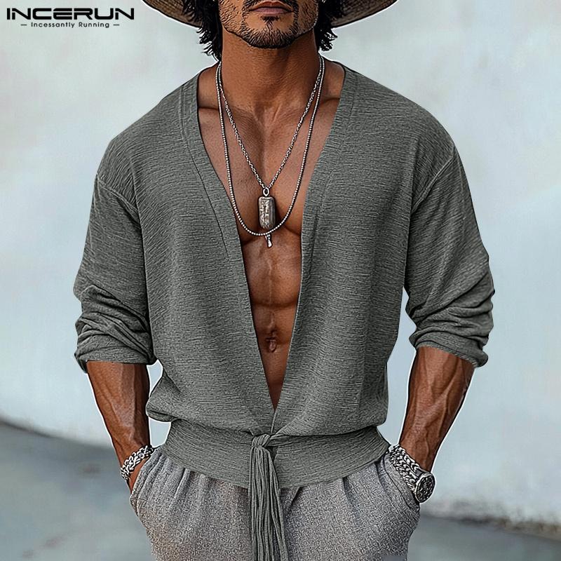 

INCERUN Men Deep V Neck Long Sleeve Solid Bandage Tops 4XL синий