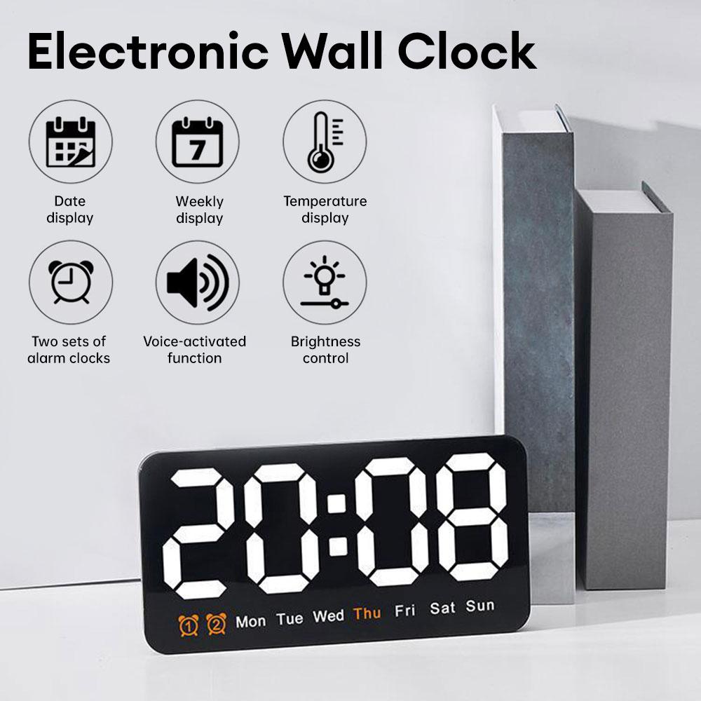 Large Screen Digital Wall Clock Nordic LED Display Sound Wake Up Alarm Clock 12/24H Temperature Date Time Display Table Clock