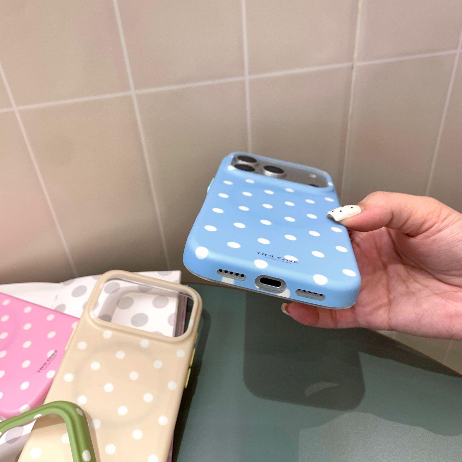 

Macaron Polka Dot Magnetic Phone Case for iPhone 17 Pro with Mirror and Coconut Tree Stand. iPhone 16 Pro Max