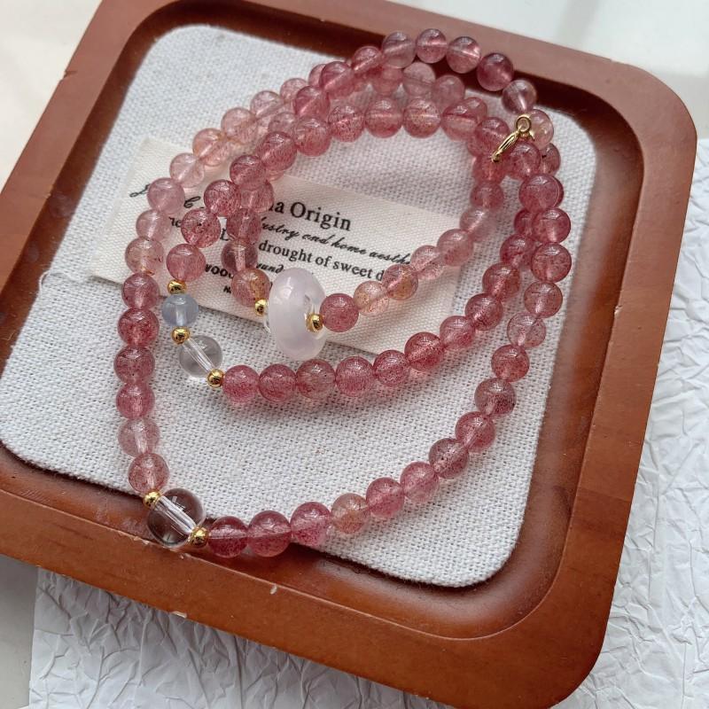 Natural Strawberry Quartz Multi-Layer Beaded Bracelet Women Fresh Sweet Style 3-Row 5-6mm Crystal Jewelry Gift