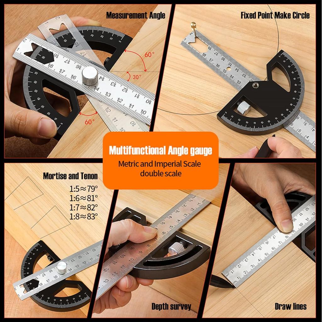 Protractor Angle Finder Stainless Steel Angle Ruler with 0-180 Degrees Adjustable Angle Square 8-Inch Woodworking Ruler for