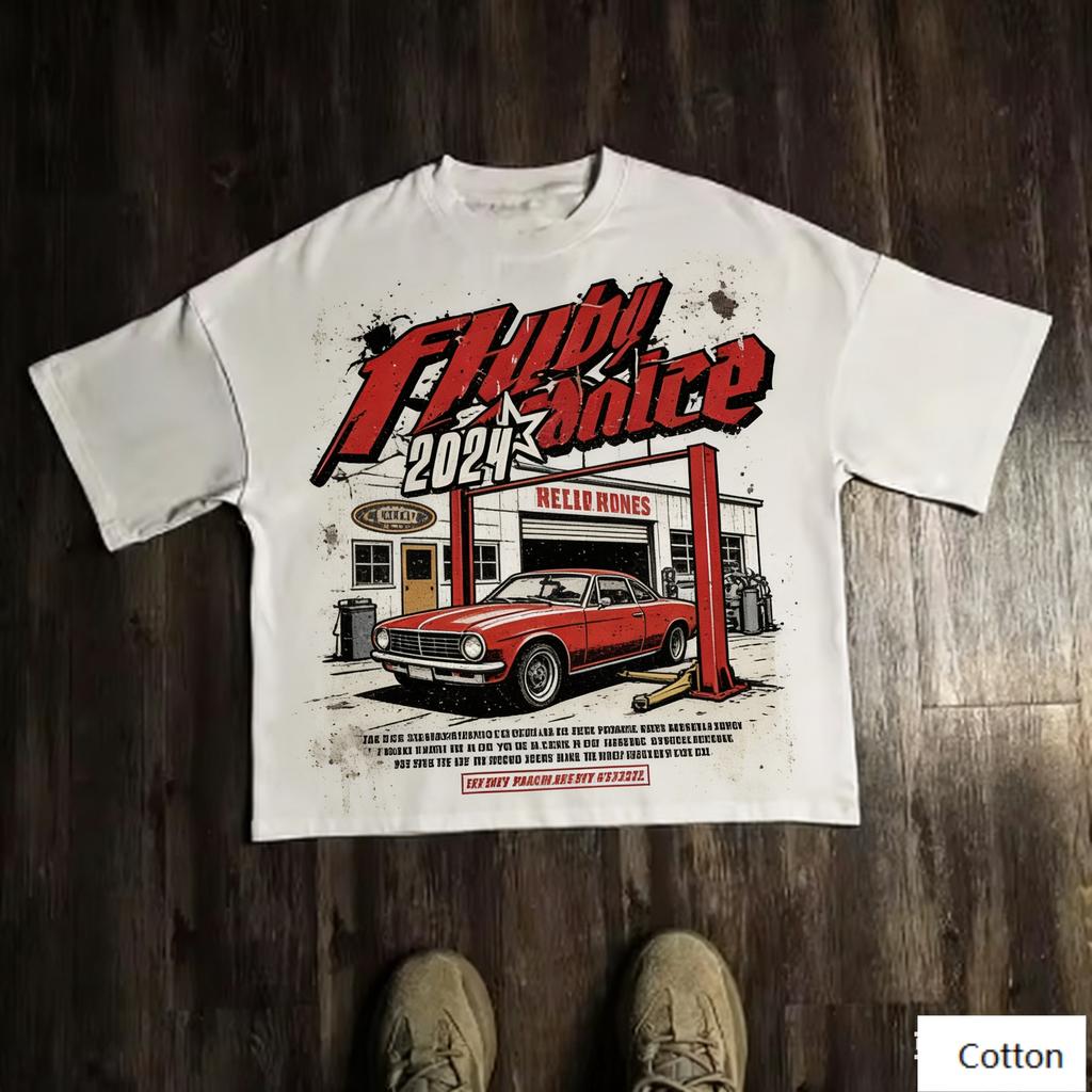 Oversized TShirt with Retro Garage Car Graphic Loose Streetwear Style Soft Heavyweight Fabric Classic Crew Neck Outfits