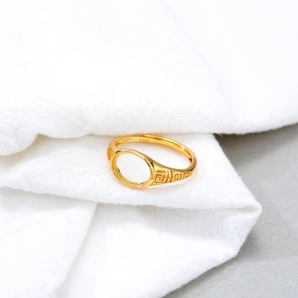 S925 Sterling Silver Gold-Plated Adjustable Oval Ring, Unset and Handmade, Light Luxury Fashion, Exquisite Design, 7*9.