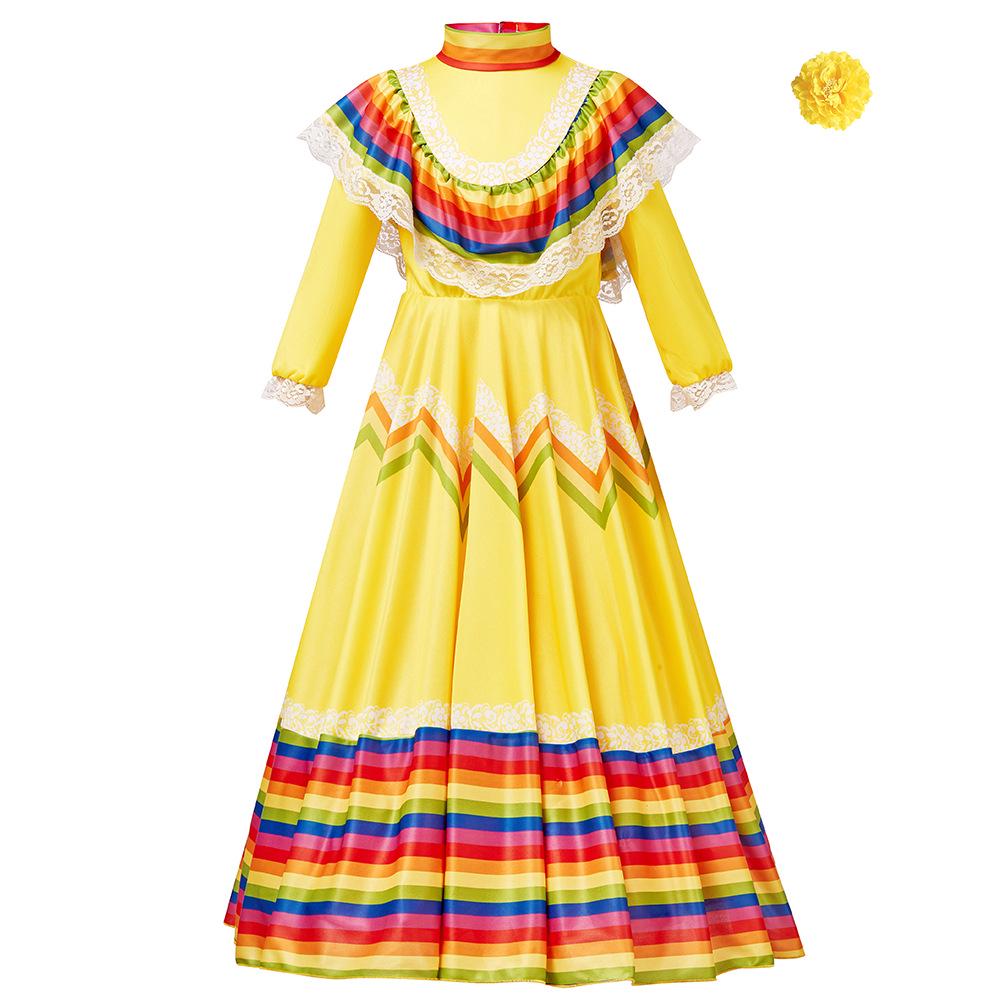 

Mexican Folk Dance Long Dress - New Halloween Costume for School Stage Performance XS (95-105cm)