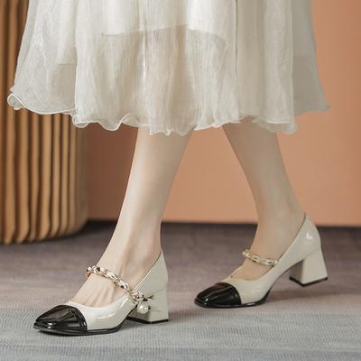 Chain Square Head One-word Buckle with Retro Mary Jane Shoes High Heels Women's Spring Thick Heels Single Shoes Women