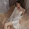Guiruo Underwear Sweet Satin Sexy Backless Women's Suspender Nightdress Open Placket Silky Robe Loungewear Set 1118