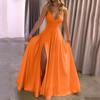 Women's Solid Color Suspender V-neck Backless  Slit Long Dress