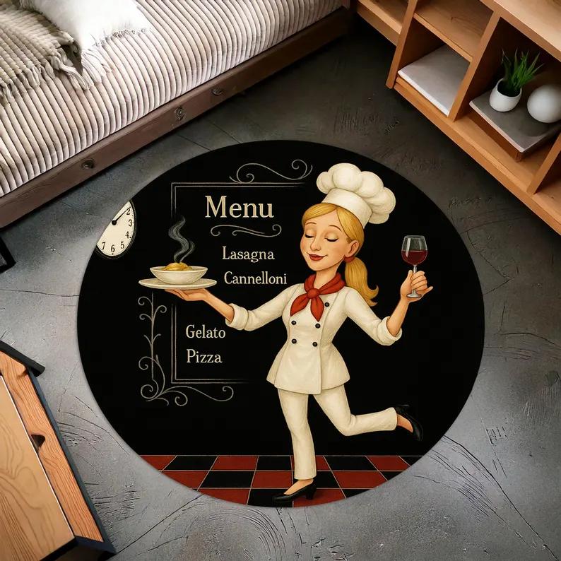 

Round Chef Kitchen Rug Retro Culinary Decor with Female Cook Illustration Fun Restaurant Style Mat for Dining Room Cafe Ambiance 100cm