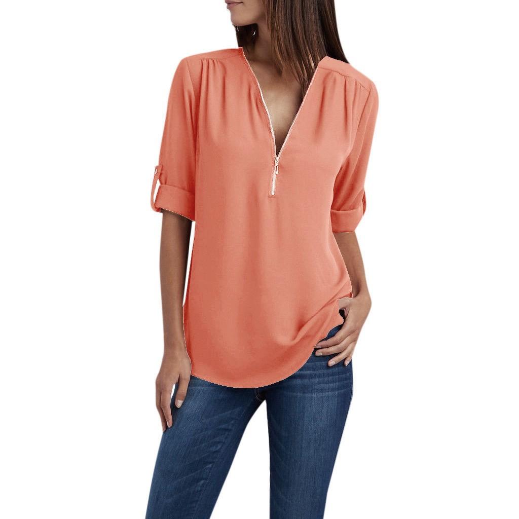 Women Ladies Zipper Button Long Sleeves Loose Chiffon Shirt Clothing