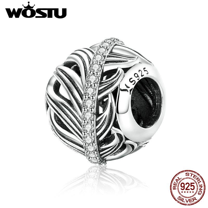 

WOSTU Стерлингового Серебра 925 Перья Бусины Циркон Подвески Подходит Подвеска Ожерелье Женщины DIY Браслет HCC2065