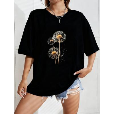 White Oversized T-Shirt With Dandelion Print For Casual Wear