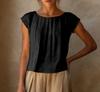 Blusa da Donna in Lino con Scollo Rotondo, Parte Anteriore Pieghettata, Maniche Corte, Taglio Ampio Casual