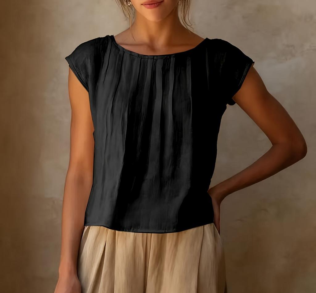 Blusa da Donna in Lino con Scollo Rotondo, Parte Anteriore Pieghettata, Maniche Corte, Taglio Ampio Casual