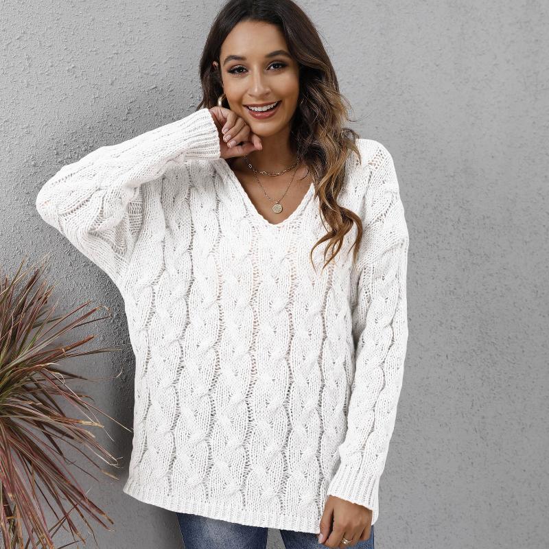 Women's Top, Thickened, Fried Dough Twists Knitting, V-neck Design, Hooded Loose Sweater, Pullover Sweater, Winter Jacket