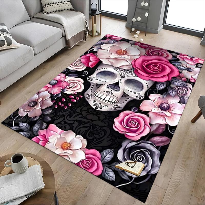 1PC Skull and Flowers Flannel Blanket Carpet Ultra Soft, Thick & Absorbent, Non Slip Machine Washable Mat for Entryway