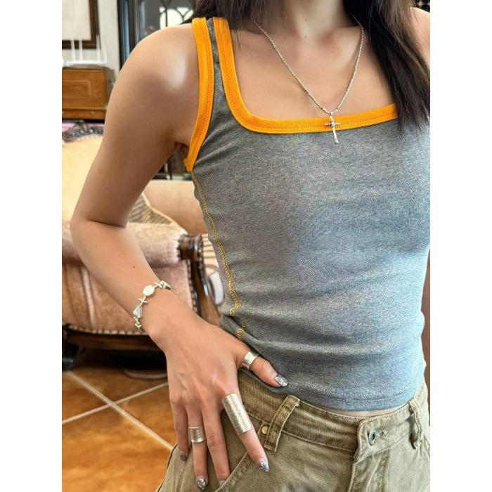 Summer Women's New YK Millennial Retro Spice Girl Tight Short Contrasting Square Collar I-shaped Sling Vest Top