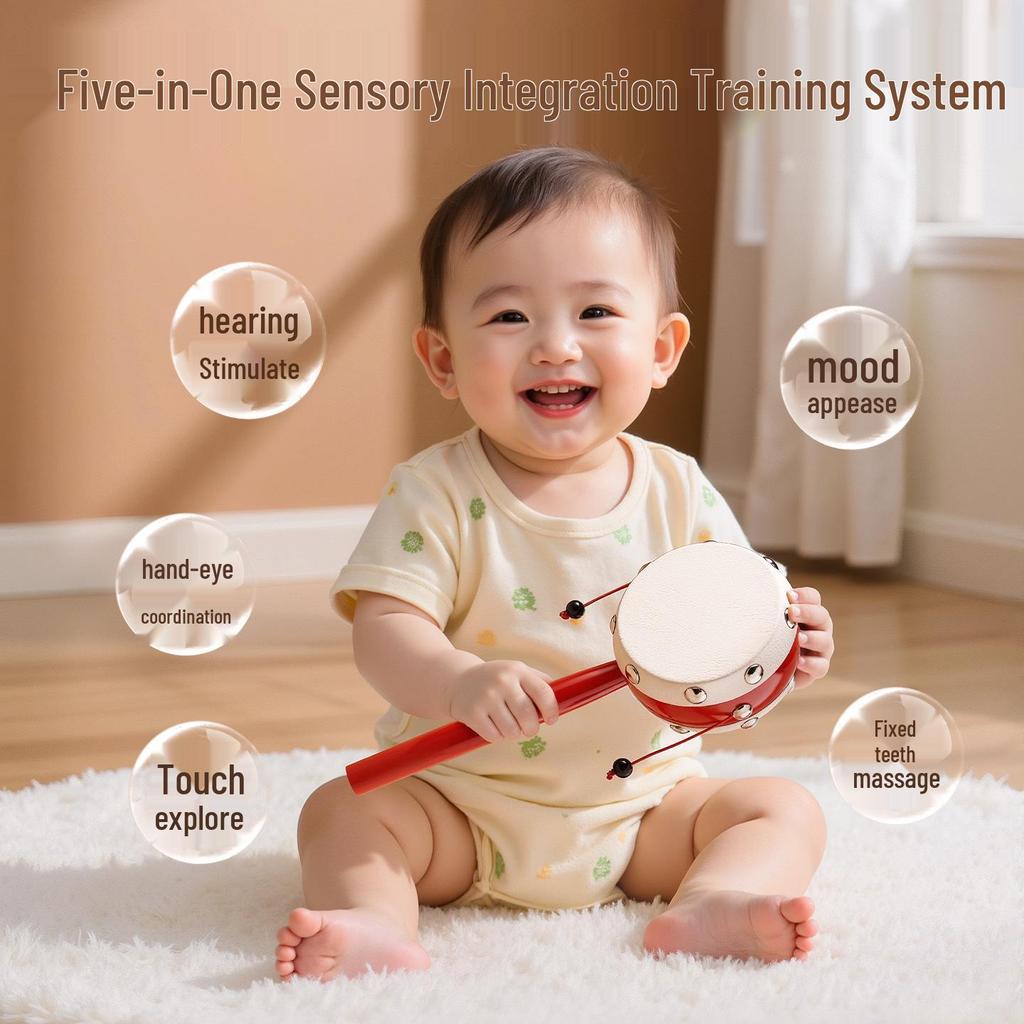 Chewable Wooden Sheepskin Drum Rattle for Newborns, Traditional Handheld Bell Toy for 1-Year-Olds