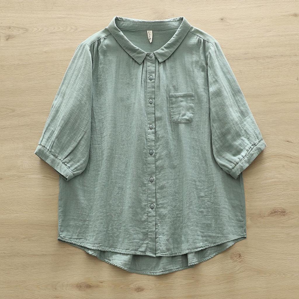 Pure Cotton Women's Lapel Pleated Blouse - Solid Color, Long Sleeve, Double Layer Yarn, Spring/Autumn.