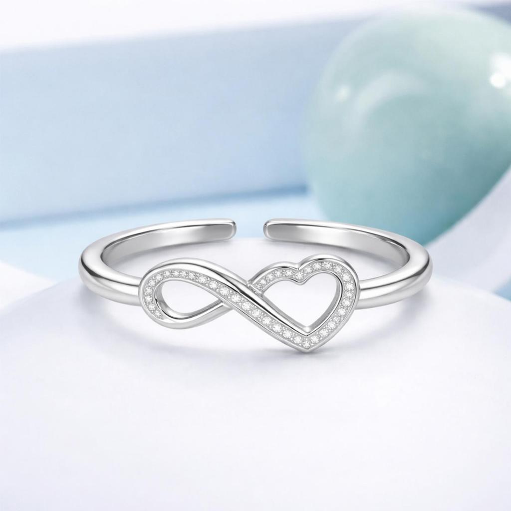 Infinity Heart Eternal Love Open Adjustable Band Ring –925 Sterling Silver
