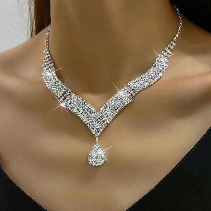 2 Stück Modische Strasssteine Halsketten Ohrringe Schmuckset Damen Hochzeitszubehör Geschenk