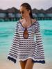 Sexy Boho Striped Chic V-neck Cut Out Bell Sleeve Knit Dress 2025 Summer Women Seaside Holiday Mini A-Line Dress K123