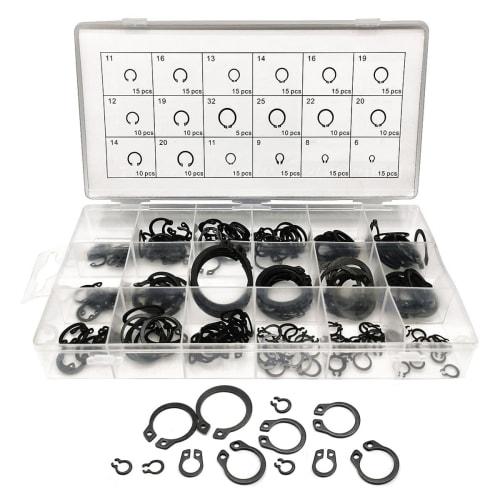 Set of 225 18 Types of M6-M32 C-Shaped Snap Rings, External Locking Snaps, Circlips, Retaining Clips, Kit for Fixing Parts, Replacement, and Repair, B