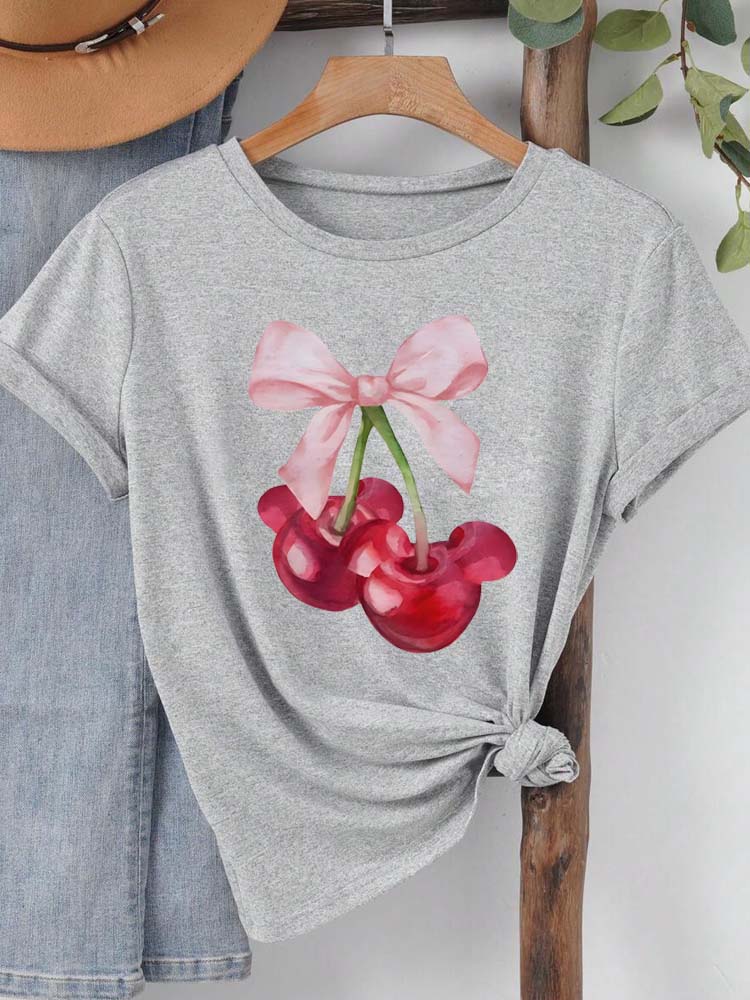 Ovely Style Fashion Summer Women Cherry Bow Print T Shirt Female Casual Top Tshirts Cartoon Graphic Tee T-Shirt
