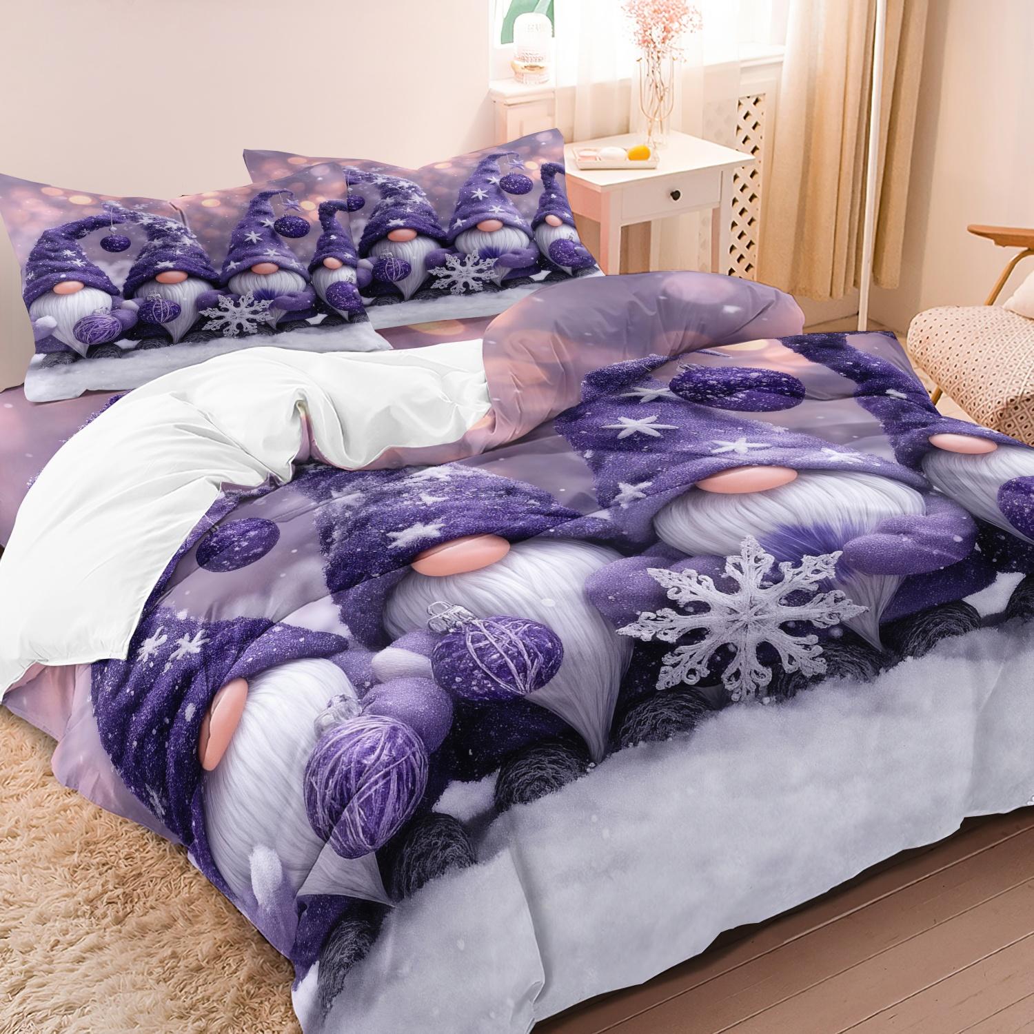 Ensemble de housse de couette 3 pièces motif gnome d'hiver violet, Scène de neige Tomte Nisse Fil à tricoter Flocon de neige Impression festive Linge de lit 240x220cm(94x86inch)&set