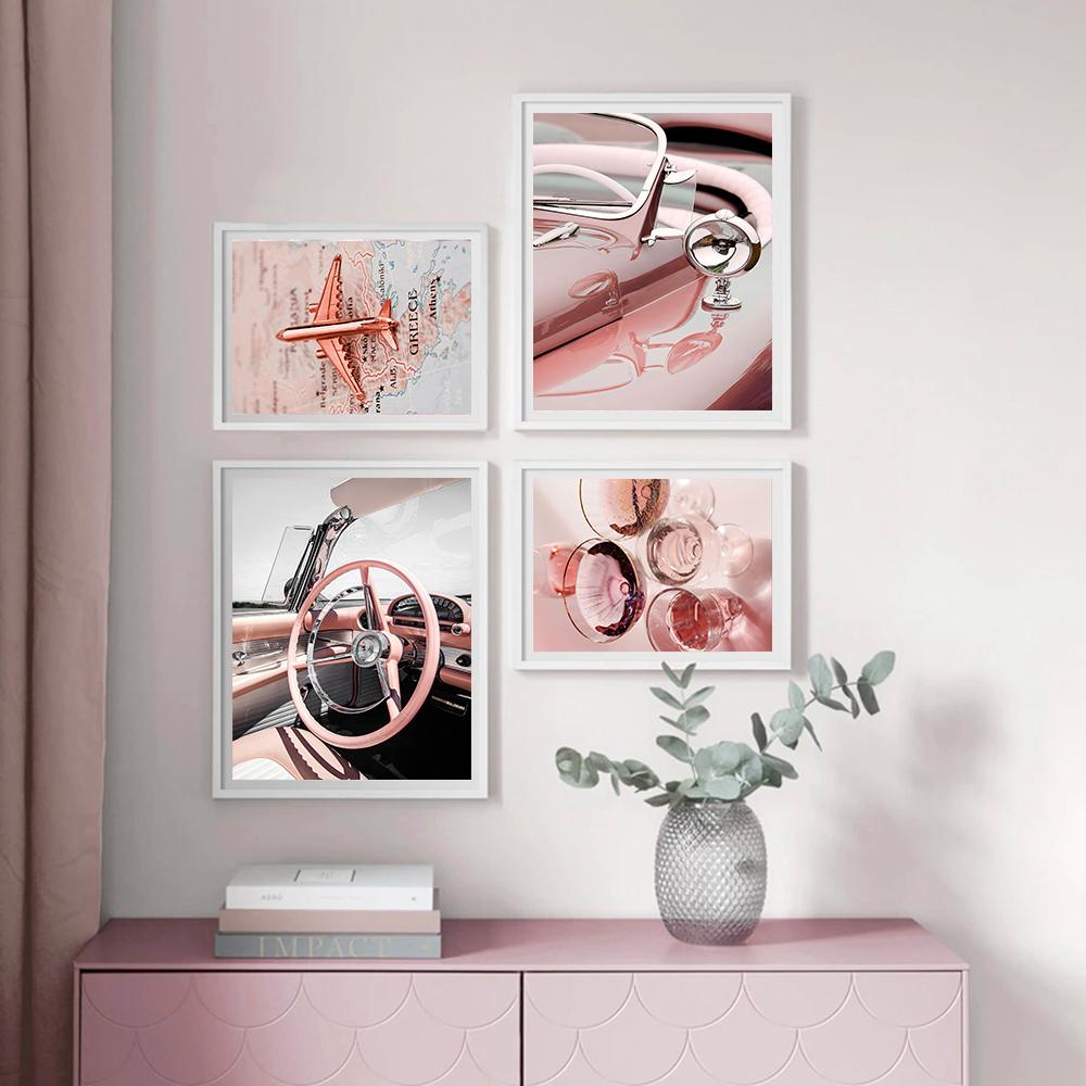 Pink Vintage Canvas Paitning Wall Poster and Prints Typewriter Bike Fashion Car Goblet Modern Wall Art Pictures for Living Room