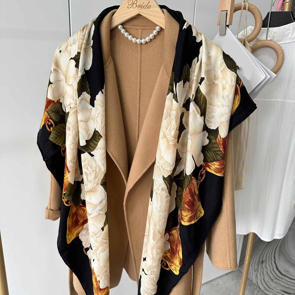 130*130cm 30% Silk +70% Wool Scarf Retro Vintage Luxurious Soft Shawl Large Warm Winter Wrap for Women