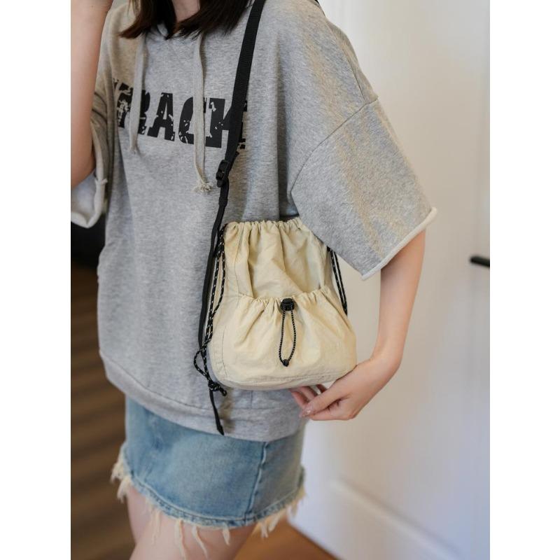 Canvas Bucket Bag Drawstring Shoulder Bag Pleated Nyl Crossbody Bag