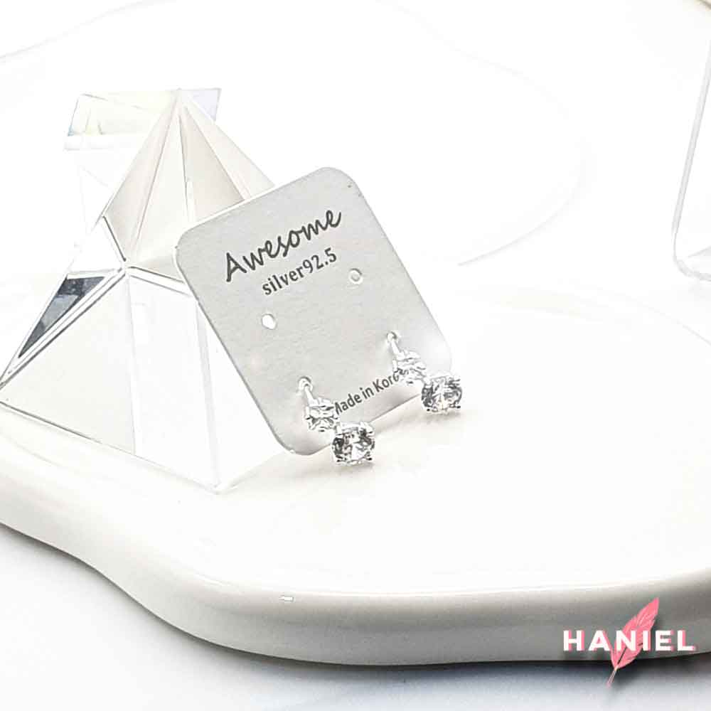 S925 Silver Dual Cubic Shine Huggie Earrings by Haniel – White, One-Touch Design, From Korea