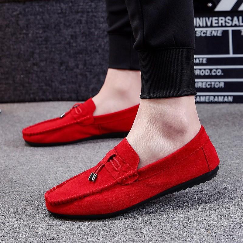 Spring Red Suede Loafers Slip On Walking Driving Shoes For Men Soft Leather  New Fashion Comfortable Casual Man Flat Shoes