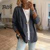 Talos Women's Button Front Faux Denim Jacket, V Neck Long Sleeve Casual Coat, Vintage Loose Fit Imitation Jeans Cardigan