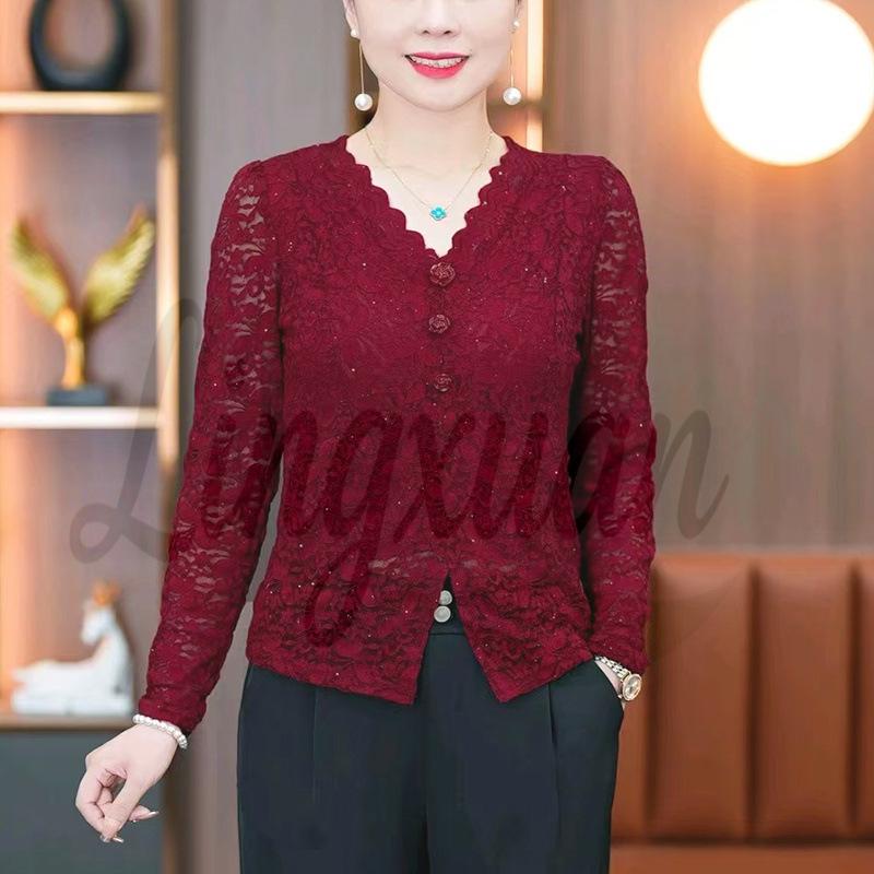 

2026 Autumn/Winter V-neck Slimming Lace Top for Mothers - Versatile, Fashionable, and Elegant 4XL червоний