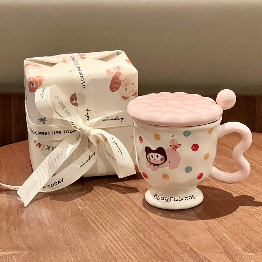 High-value Milk Cute Polka Dot Kitten Mug with Lid Girls Ceramic Cup Birthday Gift Souvenir