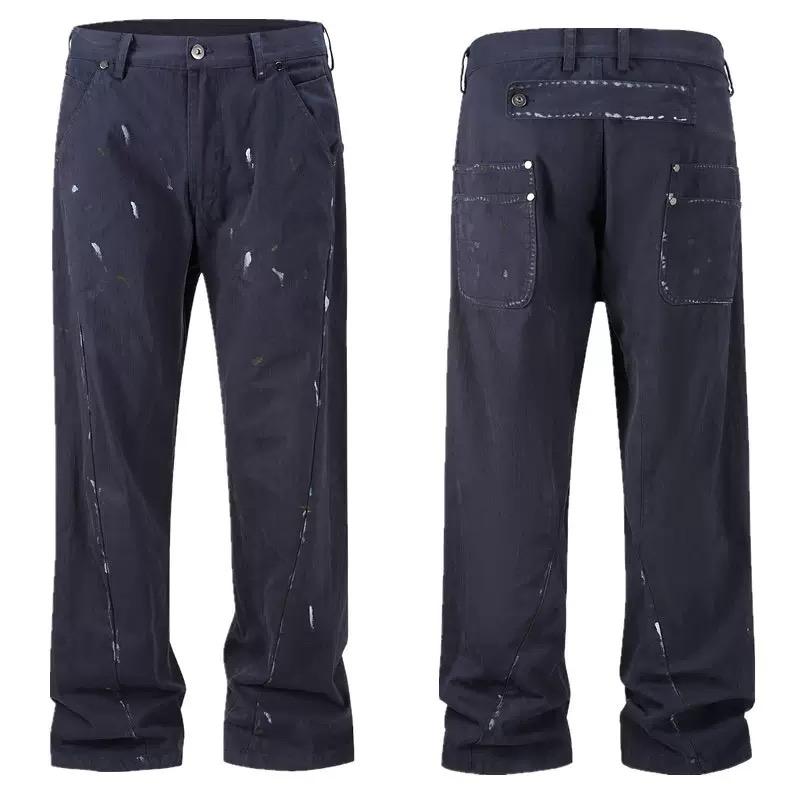 RogueWave High Street Straight Washed Dirty Ripped Blue Jeans Pants for Men Vintage Casual Loose Denim Trousers Frayed Patchwork Cargos