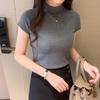 Women's Ice Silk Knit Slim Fit Short Sleeve Top - Half-High Collar, Stretchy, Solid Color