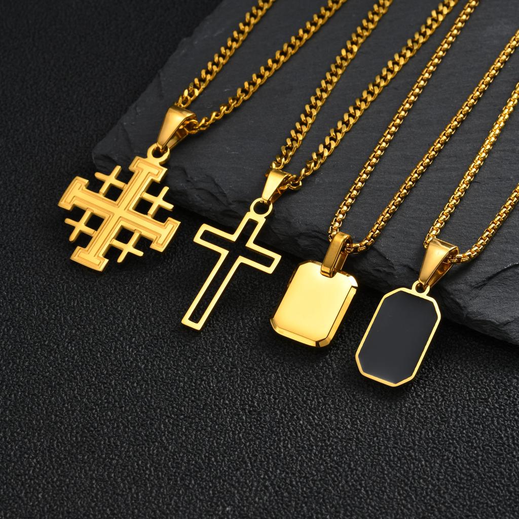 Men's Stylish Gold Color Necklace, Stainless Steel Geometric Cross Pendant Necklace, Vintage Fashion Jewelry Gift To Father