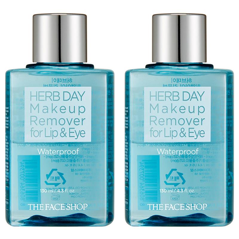 The Face Shop Herb Day Waterproof Lip & Eye Makeup Remover, 130ml, 2 Pcs
