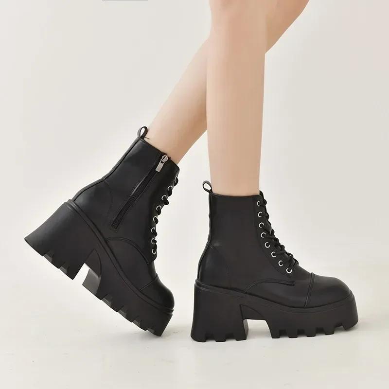 Fashion 2025 Winter Plus Size Shoes for Women Side Zip Women's Ankle Boots Platform Square Heel Ladies Boots Lace-up Shoes Female